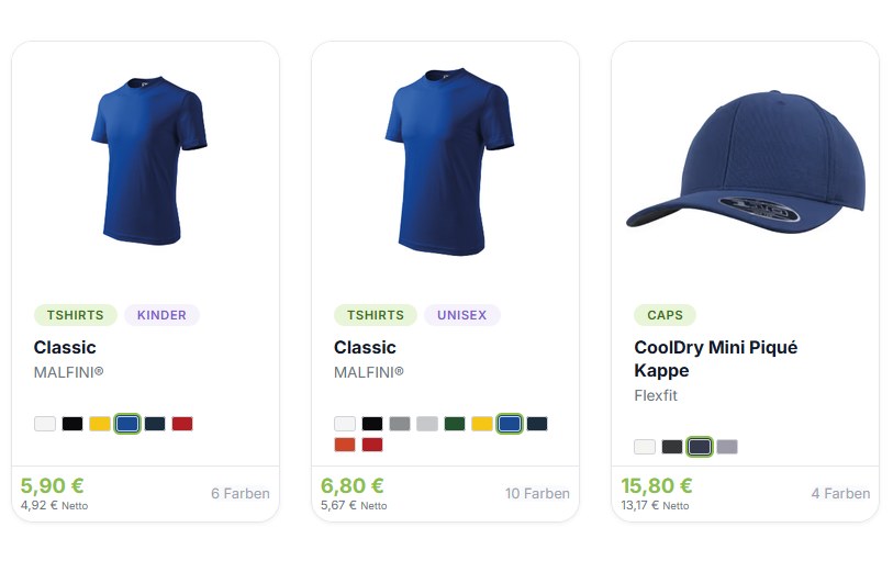 Ausschnitt aus dem VP-Creativ Webshop mit T-Shirts und Preisen